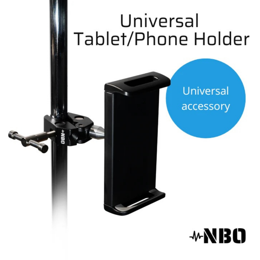 NBO Universal Tablet/Phone Holder mounted on stand, versatile black holder for tablets and phones by NBO.