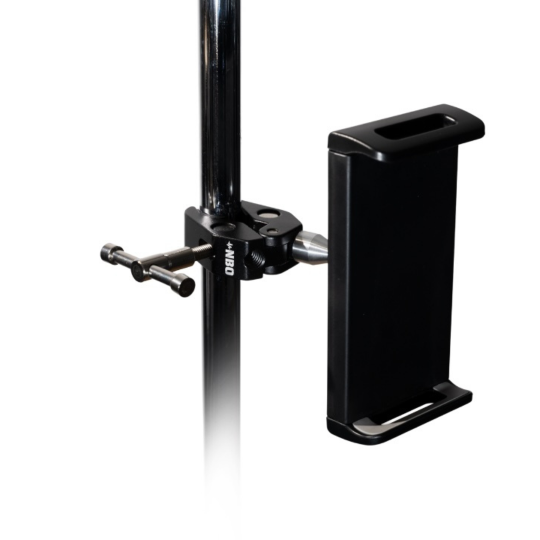 NBO Universal Tablet/Phone Holder mounted on a black stand clamp with adjustable tightening screw by NBO.
