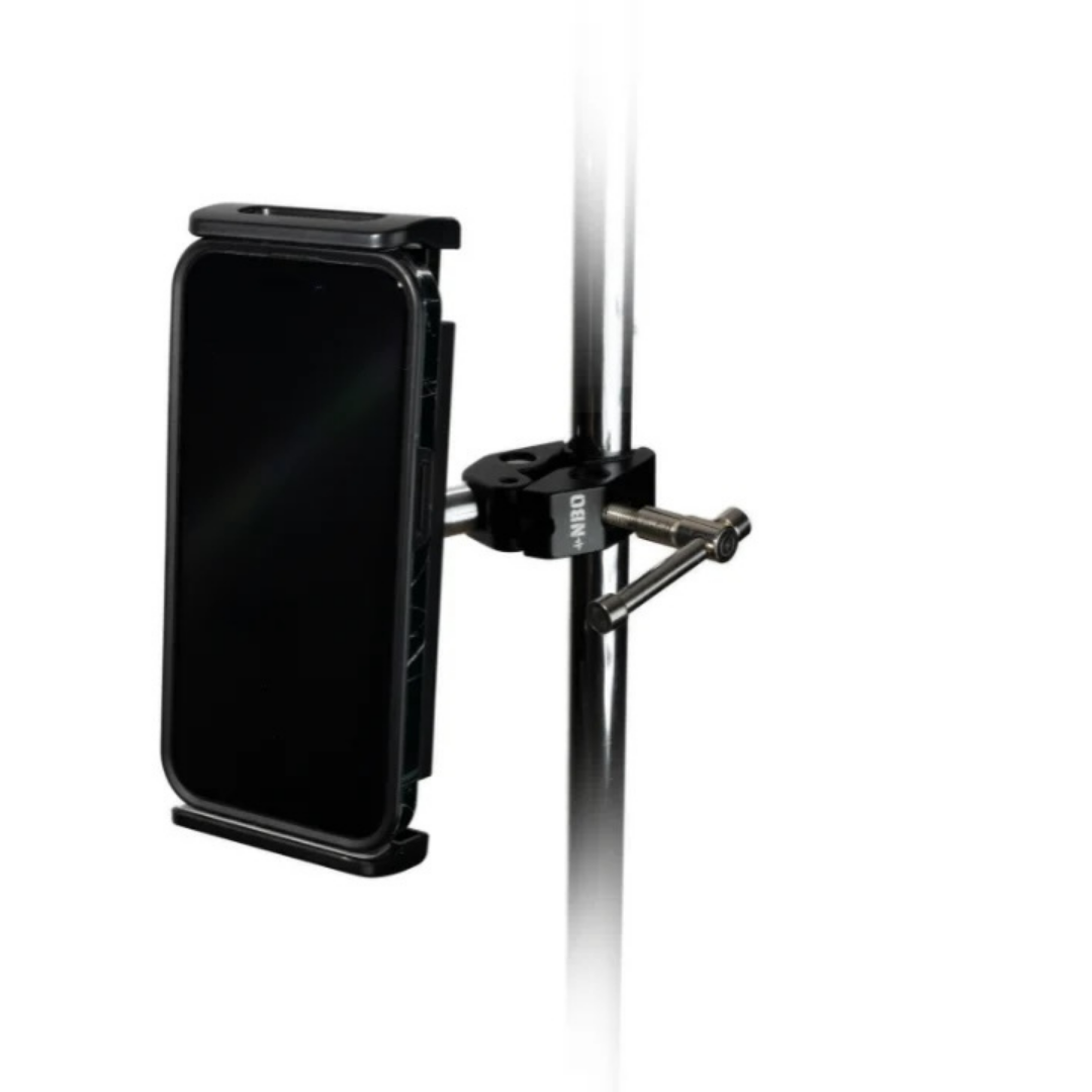NBO Universal Tablet/Phone Holder mounted on a metal stand holding a black smartphone by NBO.