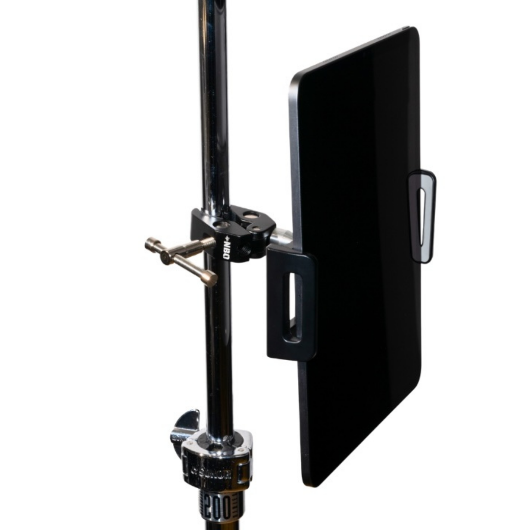 NBO Universal Tablet/Phone Holder attached to a chrome stand securely holding a tablet for hands-free use.