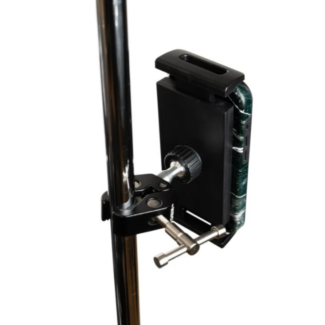 NBO Universal Tablet/Phone Holder mounted on a chrome stand with adjustable clamp and secure locking mechanism.