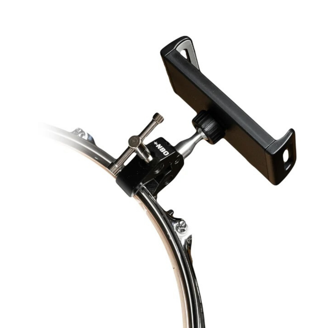 NBO Universal Tablet/Phone Holder securely mounted on a drum hoop, designed by NBO for versatile use with phones or tablets.