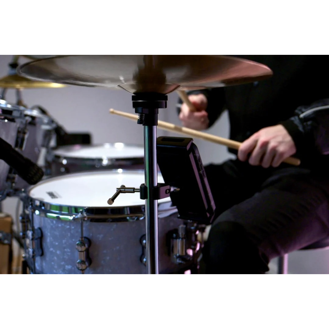 NBO Universal Tablet/Phone Holder mounted on cymbal stand holding device securely near drummer playing drum kit