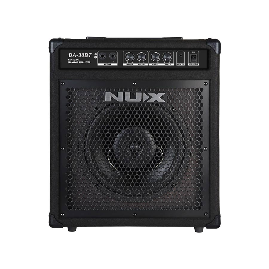 NUX DA-30BT Digital Drum Amplifier in black with control knobs and metal grille front panel by NUX