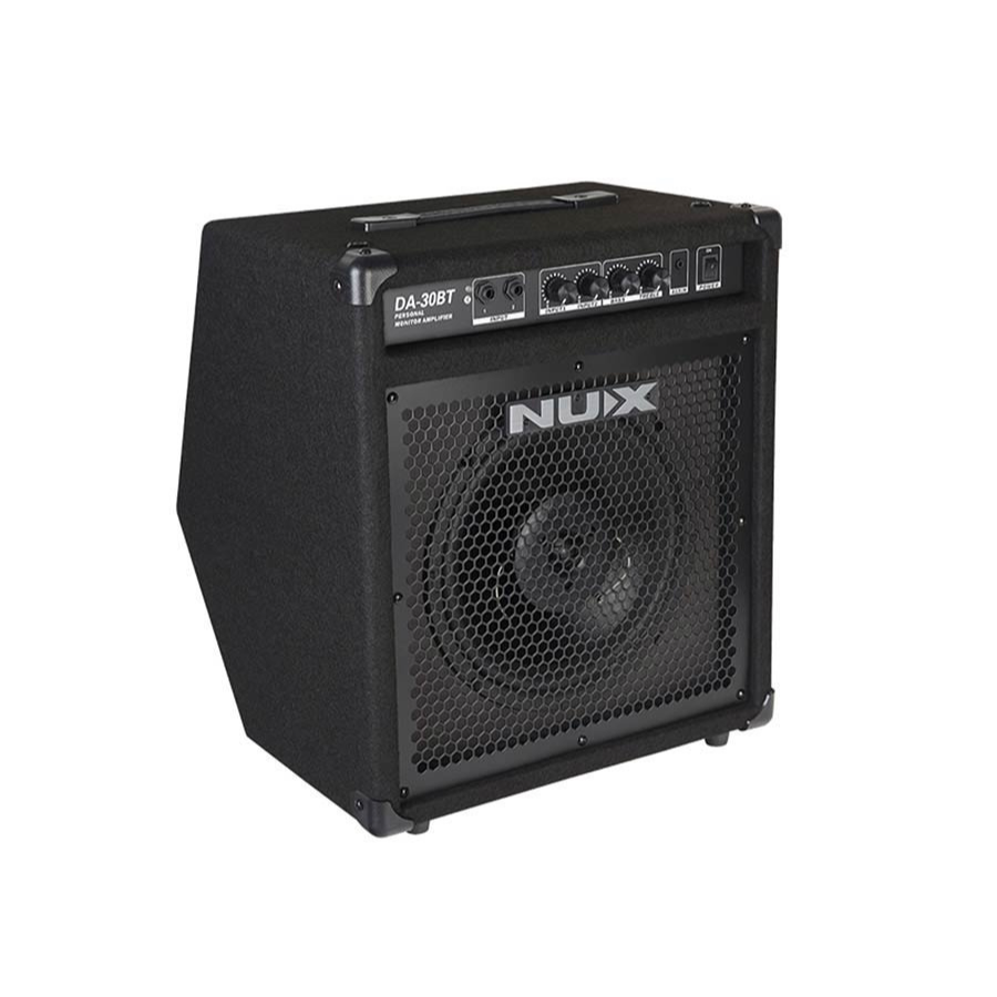 Black NUX DA-30BT Digital Drum Amplifier with control knobs and protective metal grille, designed by NUX for digital drums.