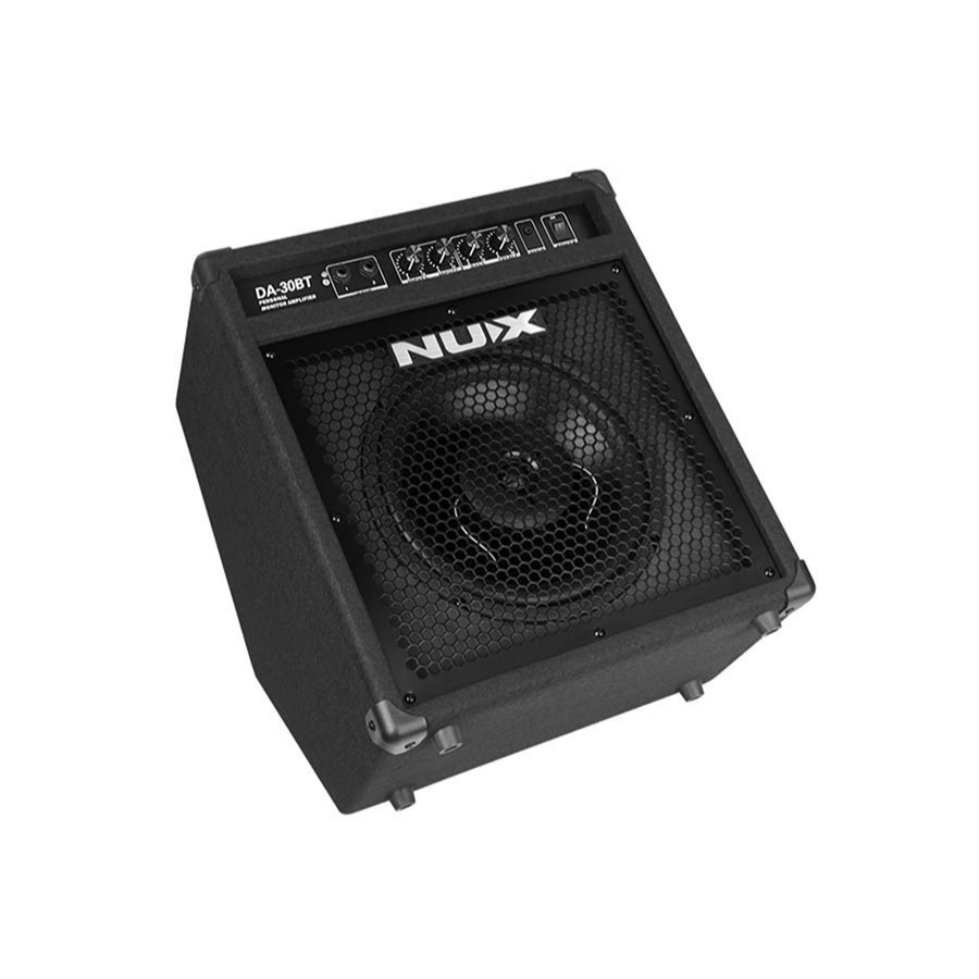 NUX DA-30BT Digital Drum Amplifier black personal monitor speaker designed for electronic drums with control knobs and Bluetooth.