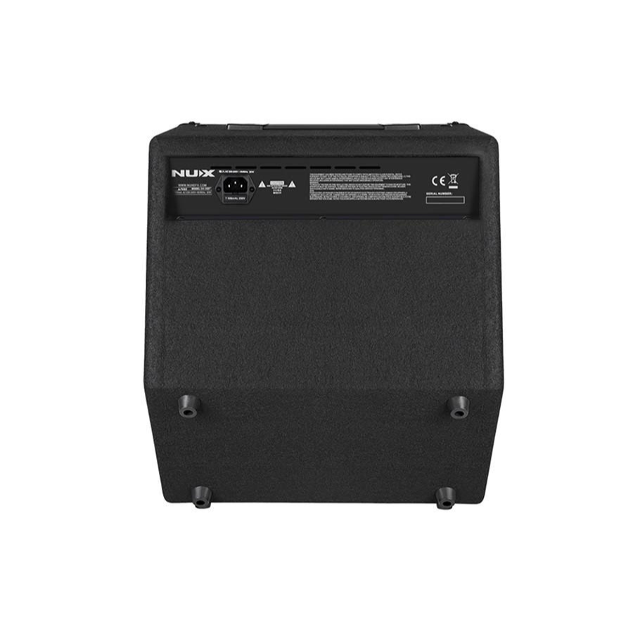 NUX DA-30BT Digital Drum Amplifier rear view showing power input, control panel, and rubber feet on a black textured cabinet.