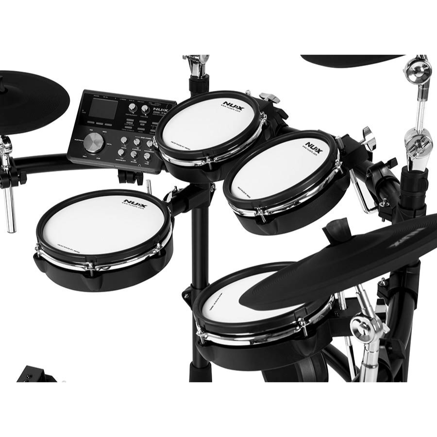 Close-up of NUX DM-7X All Mesh Head (REMO) Professional Digital Drum Kit with Remo mesh drum pads and digital control panel