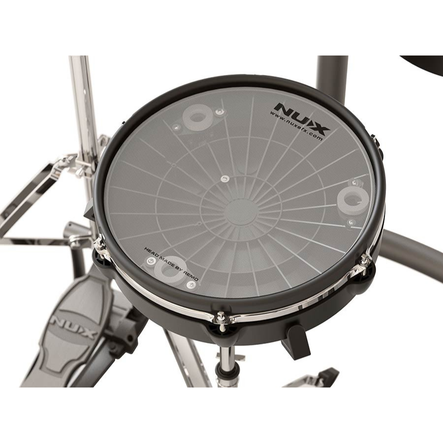 NUX DM-8 Flagship Digital Drum Kit snare pad with mesh head showcasing authentic acoustic-like feel by NUX.