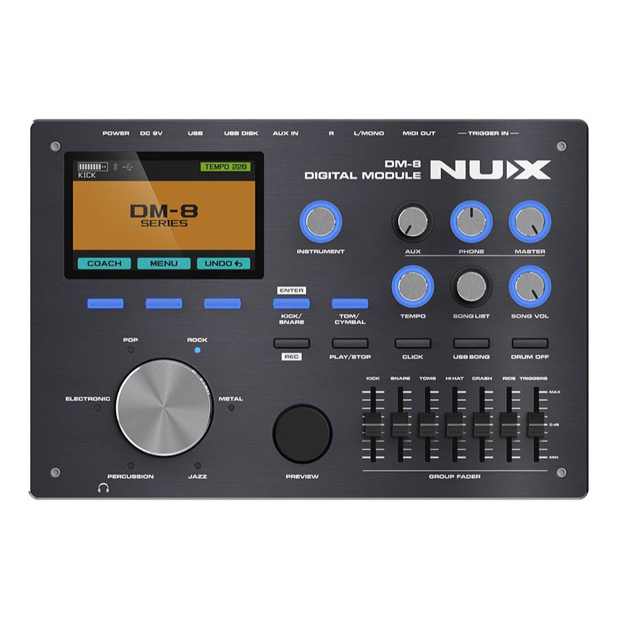 NUX DM-8 Flagship Digital Drum Kit module with control knobs, LCD display, group fader, and multiple sound settings by NUX