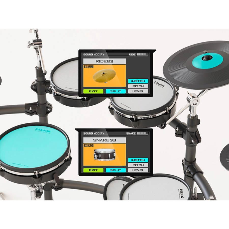 NUX DM-8 Flagship Digital Drum Kit showing drum pads and control screens with sound modify options by NUX