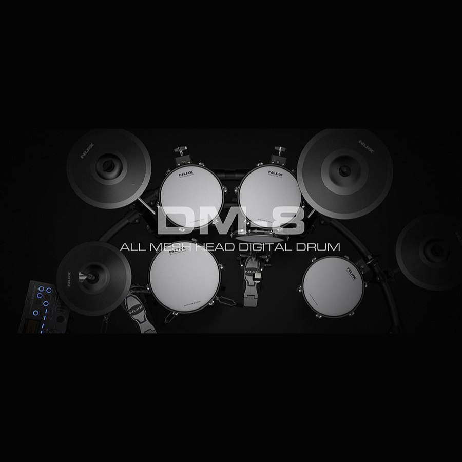 Top view of NUX DM-8 Flagship Digital Drum Kit with black mesh heads and control panel by NUX.