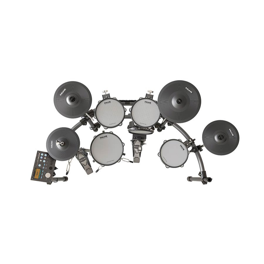 Top view of the NUX DM-8 Flagship Digital Drum Kit showing pads, cymbals, and control panel by NUX.