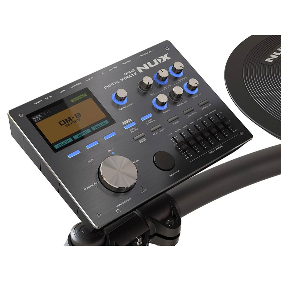 NUX DM-8 Flagship Digital Drum Kit drum module with control knobs and display screen designed for expressive playing and studio use