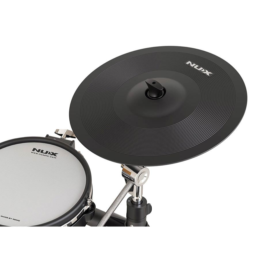 NUX DM-8 Flagship Digital Drum Kit cymbal and snare drum showcasing authentic acoustic-like feel by NUX.