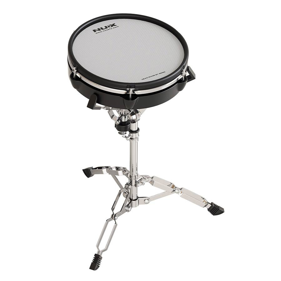NUX DM-8 Flagship Digital Drum Kit snare pad mounted on a sturdy adjustable chrome stand by NUX.