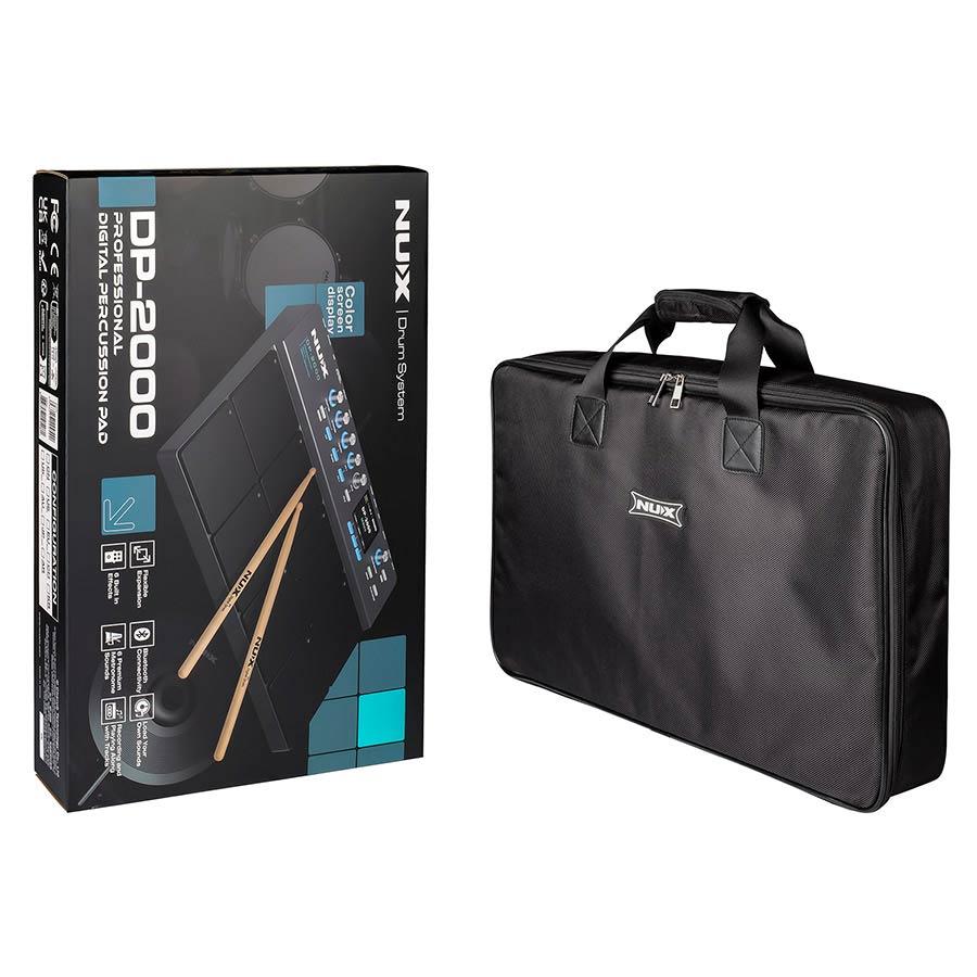 NUX DP-2000 Digital Percussion Pad with carrying case and drumsticks showcasing the product packaging and accessories.