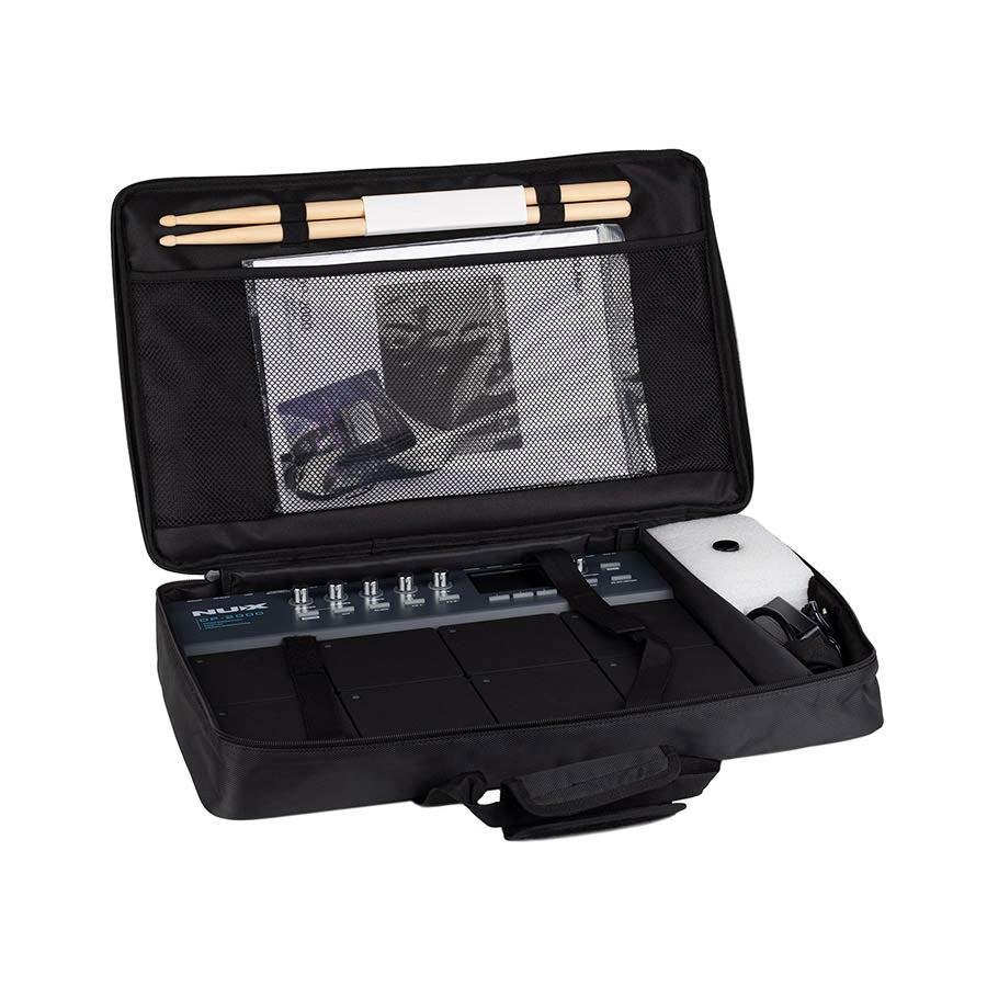NUX DP-2000 Digital Percussion Pad in black carrying case with drumsticks, cables, and manual included.