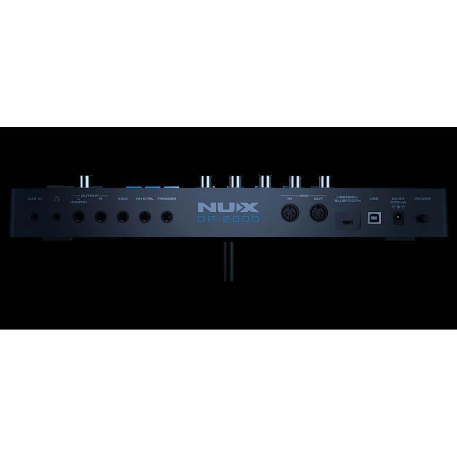 NUX DP-2000 Digital Percussion Pad rear panel showing input, output, MIDI, USB, and power connections in black design