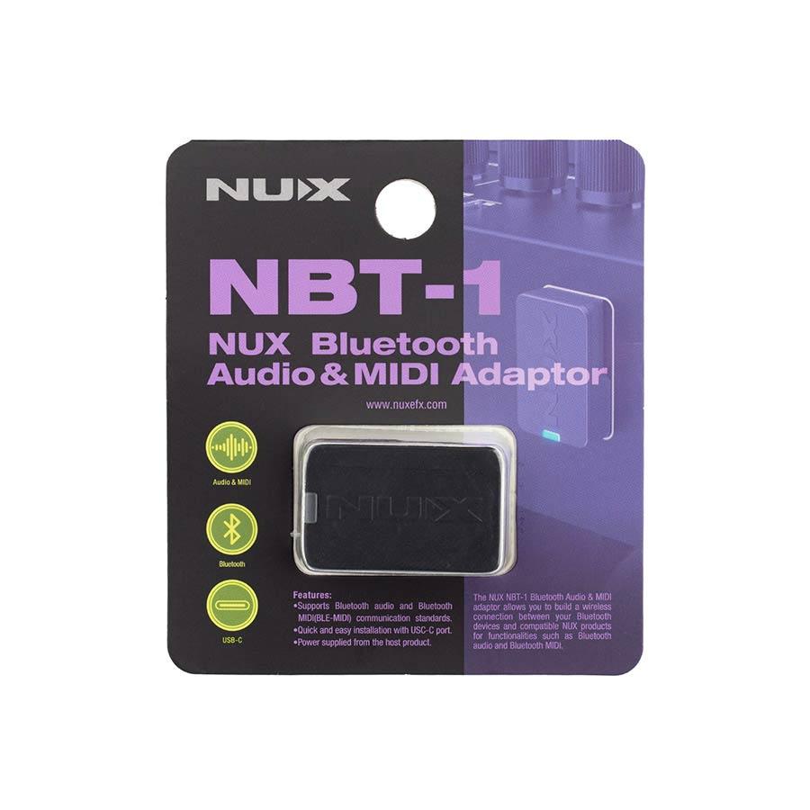 NUX DP-2000 Digital Percussion Pad accessory showing NBT-1 Bluetooth Audio and MIDI Adaptor packaging by NUX