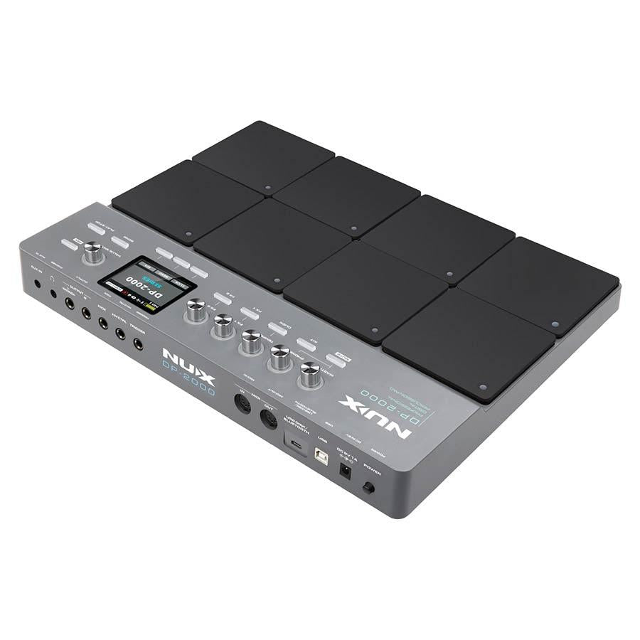 NUX DP-2000 Digital Percussion Pad with 8 velocity-sensitive pads and control knobs in a sleek gray design