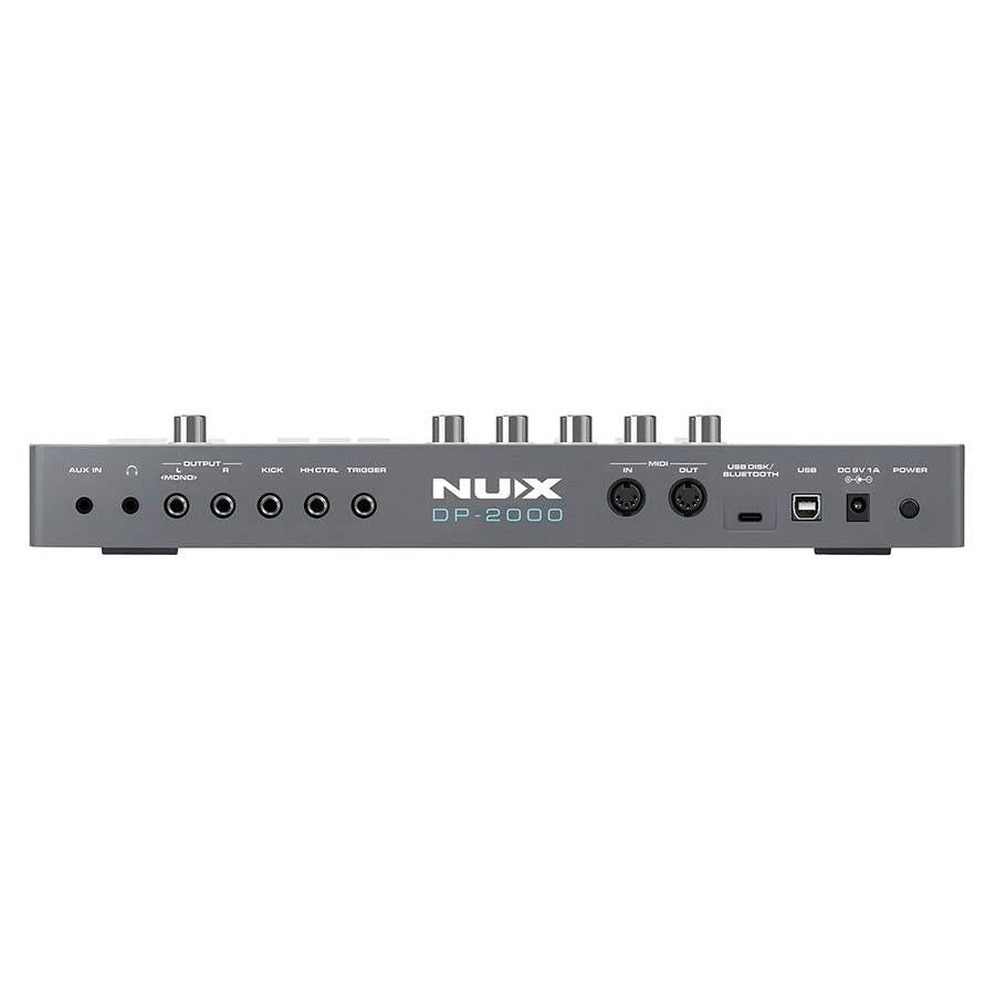 Rear view of NUX DP-2000 Digital Percussion Pad showing multiple input and output ports including USB and MIDI connections