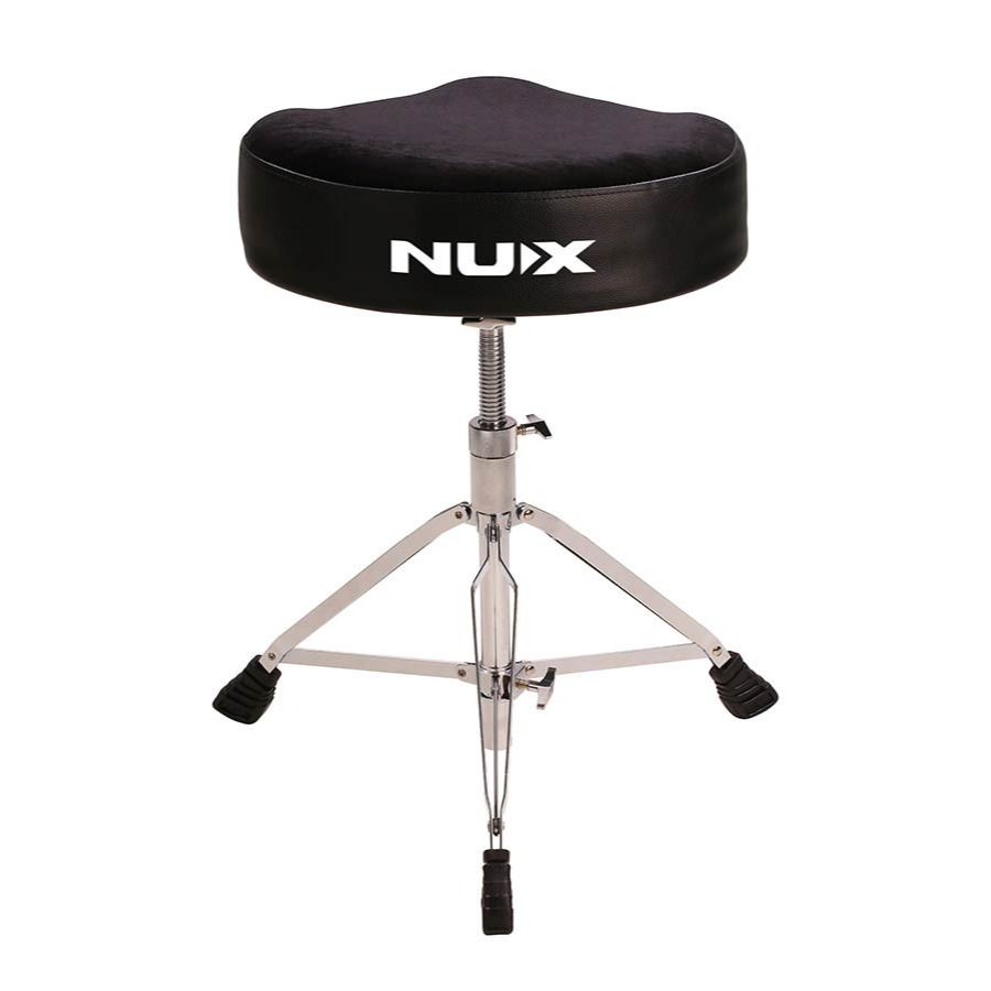 NUX DTR Drum Throne with comfortable saddle seat, double braced legs, and height adjustable spindle locking mechanism