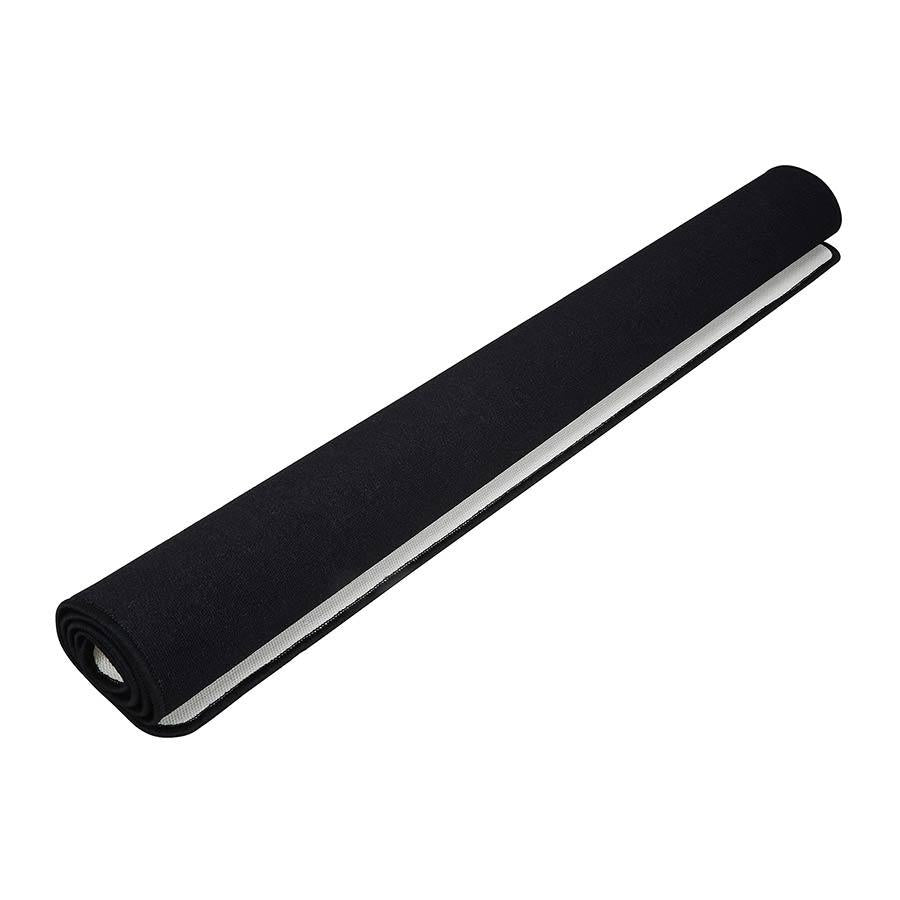 Rolled black NUX Non-Slip Drum Rug with a white non-slip backing designed for stable drumming surface.