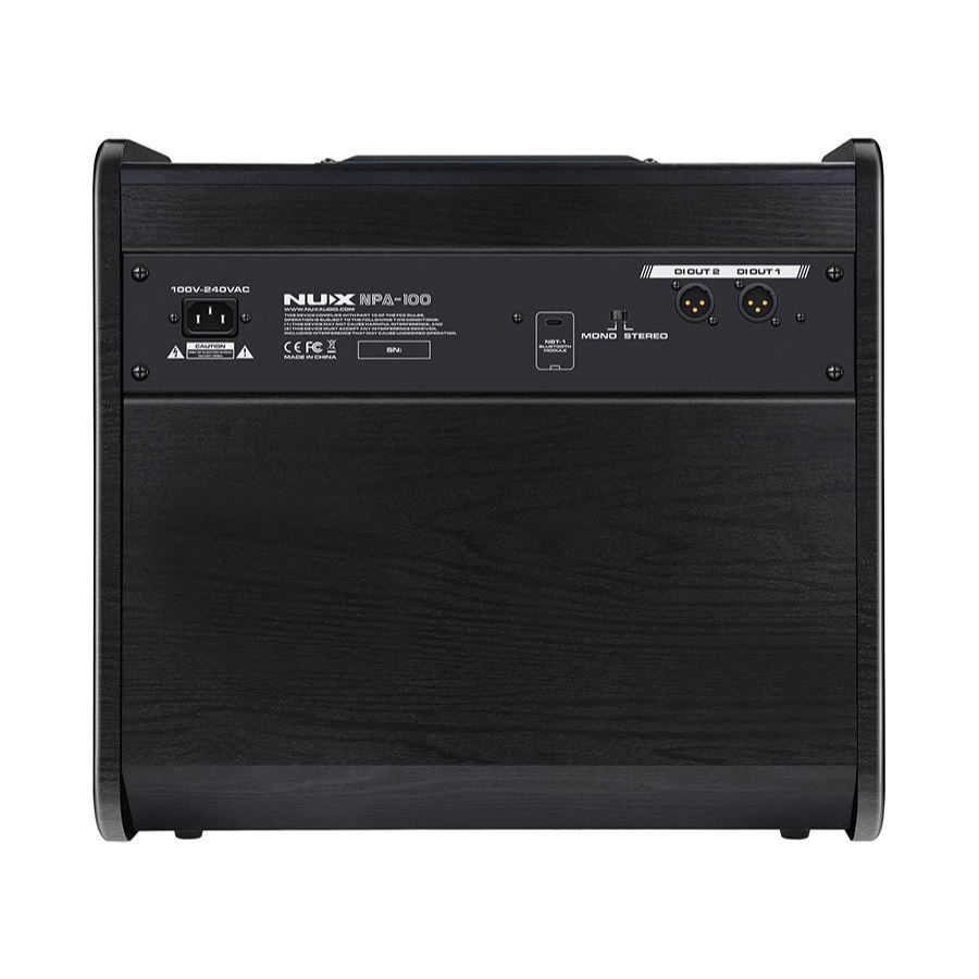 Back panel view of NUX NPA-100 Professional Monitor Speaker 120W showing power input and balanced audio outputs by NUX.