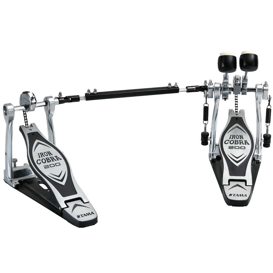 Double bass drum pedal with 'Iron Cobra 200' branding on a white background