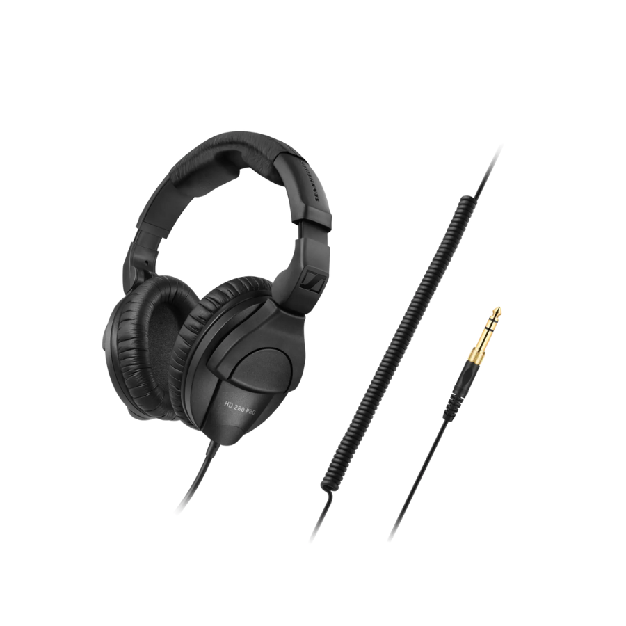 Sennheiser HD 280 PRO Monitoring Headphones in black with padded ear cups and coiled audio cable for professional use.
