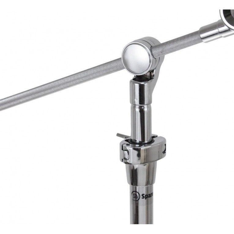 Close-up of the Sparedrum HCS1B - Cymbal Boom Stand Double-Braced Legs chrome joint and adjustable arm hardware by SpareDrum.