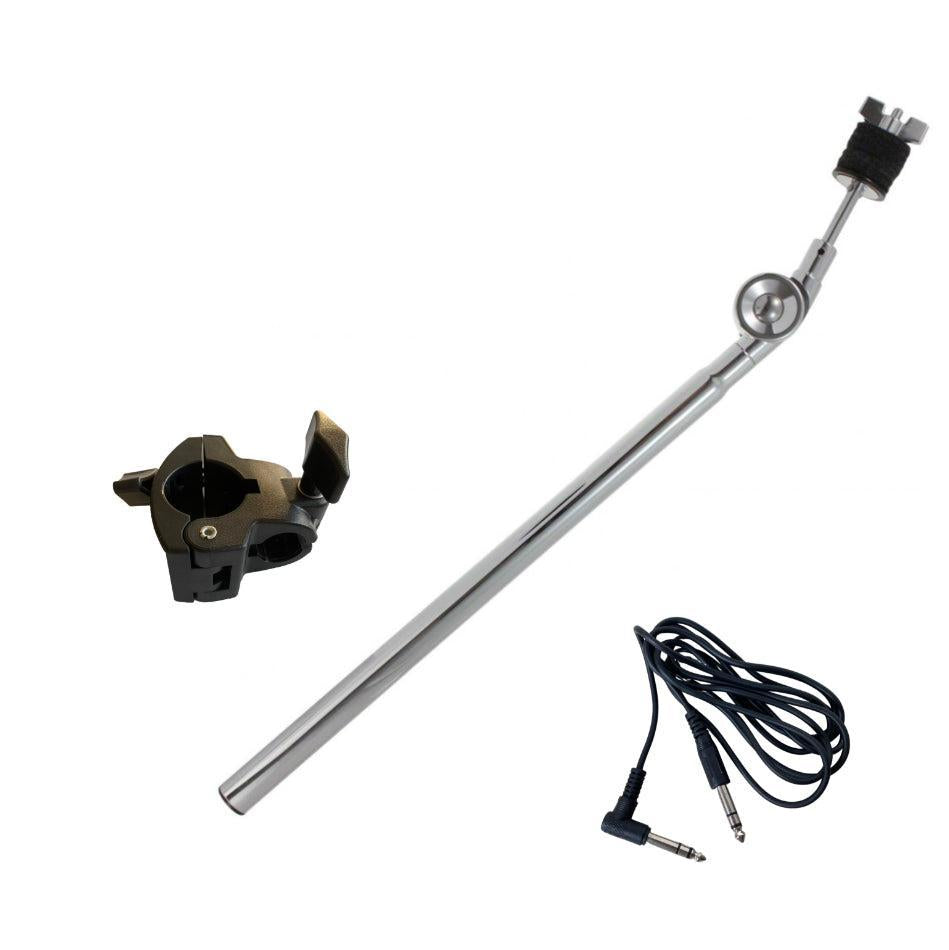 Straight cymbal arm extension pack by SpareDrum includes metal arm, clamp, and 2-meter right angle TRS cable.