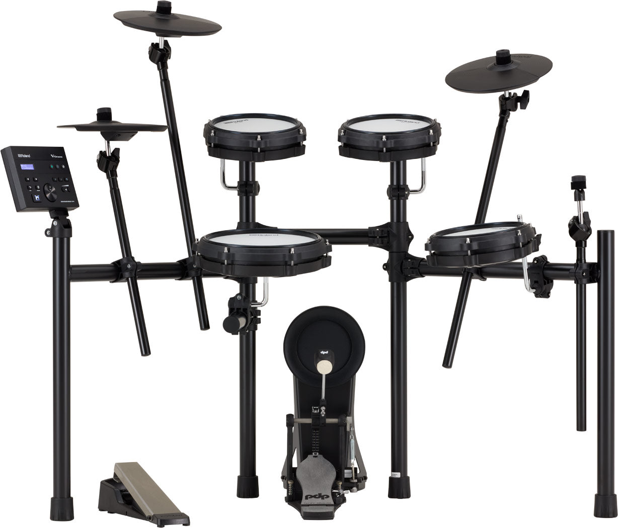Roland TD-07DMK2 electronic drum kit, drummer's view with mesh snare and three toms
