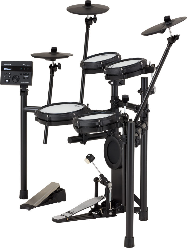 Roland TD-07DMK2 electronic drum kit, side view of the four-post rack