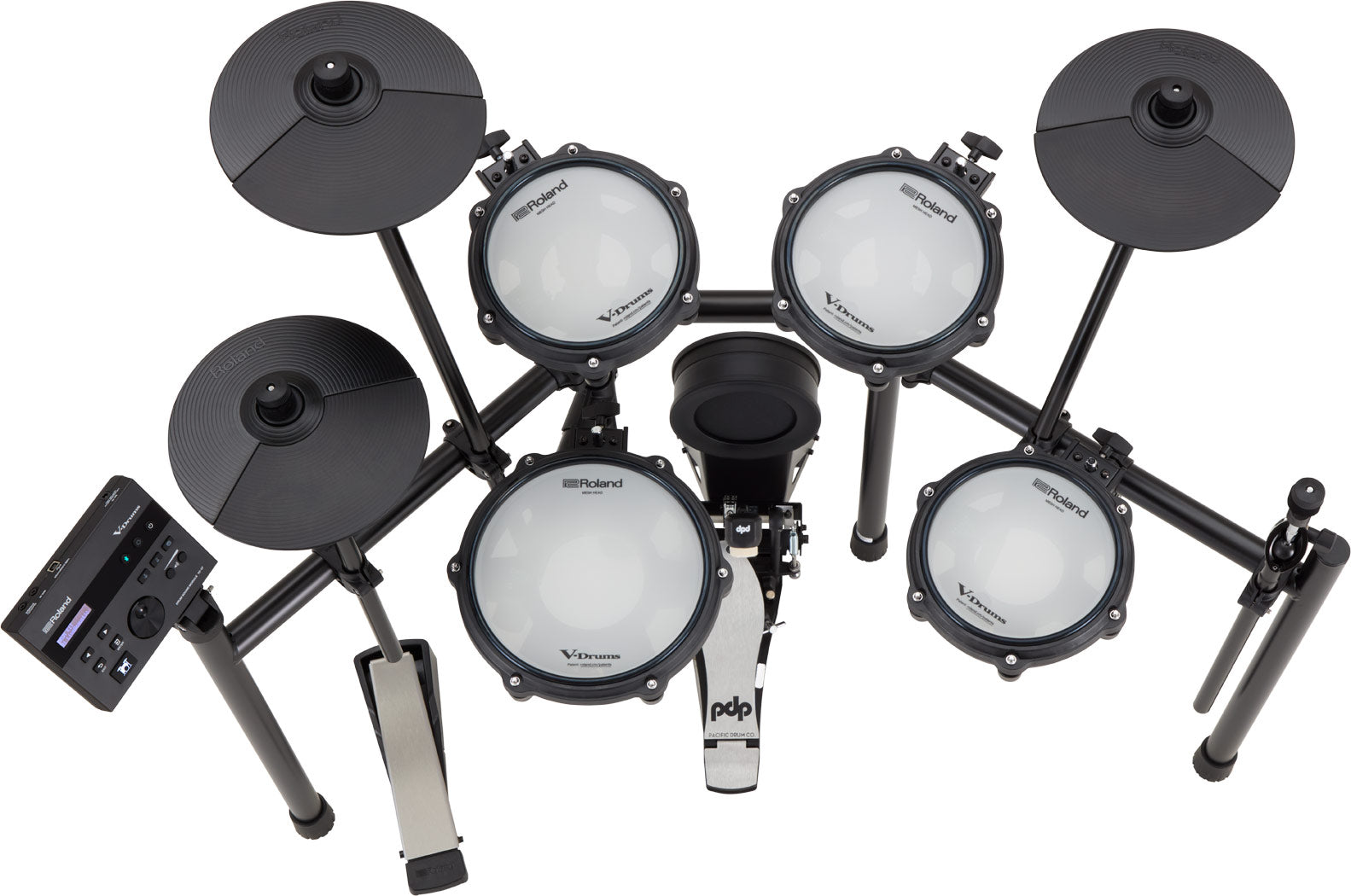 Roland TD-07DMK2 electronic drum kit, top view of pads and cymbals