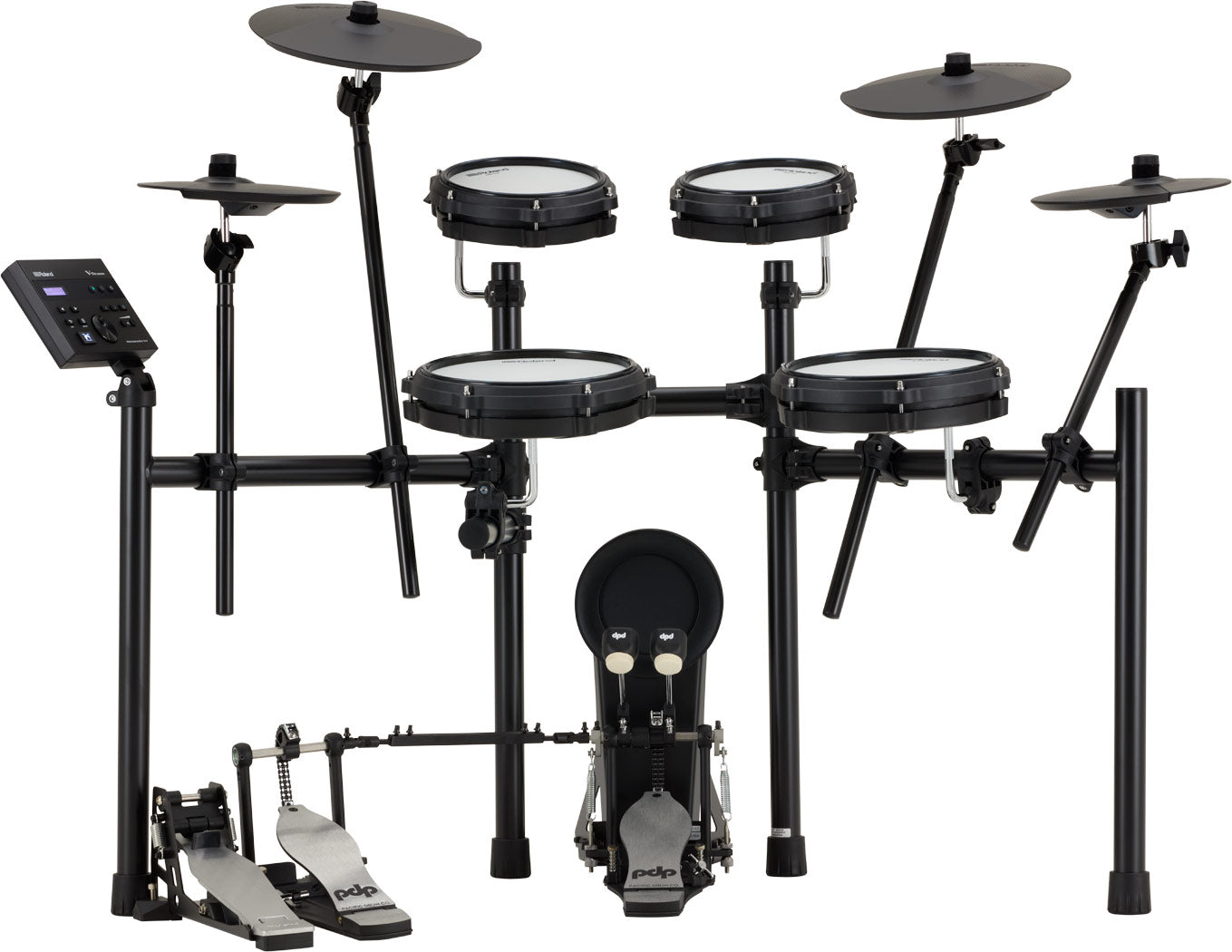 Roland TD-07KV2 electronic drum kit, drummer's view with mesh pads and two crashes