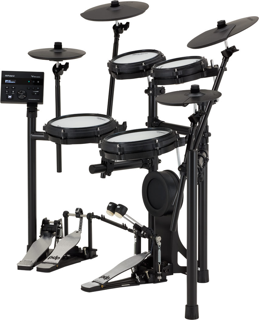 Roland TD-07KV2 electronic drum kit, side view of the four-post rack