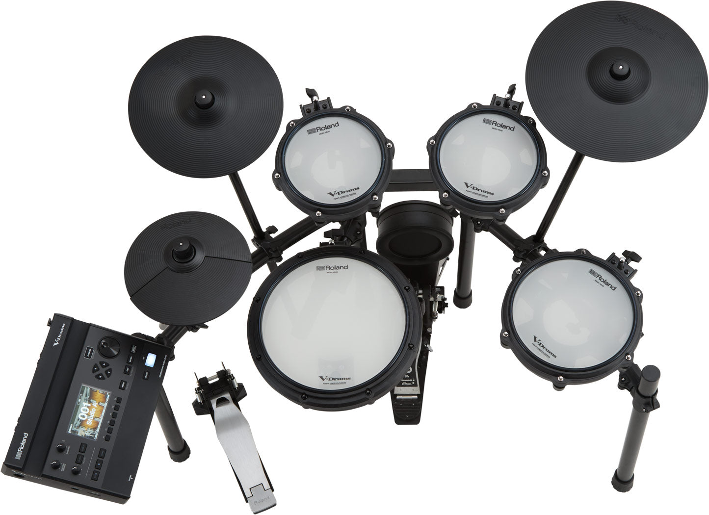Roland TD313 electronic drum kit, top view of snare, toms and cymbals