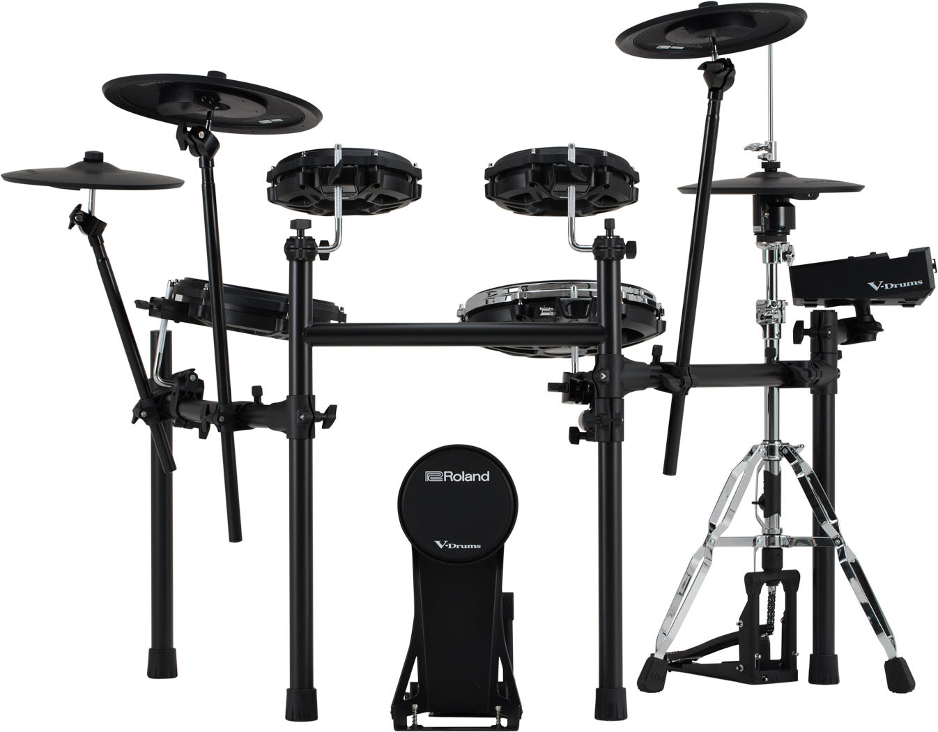 Roland TD316 electronic drum kit, front view with two crash cymbals
