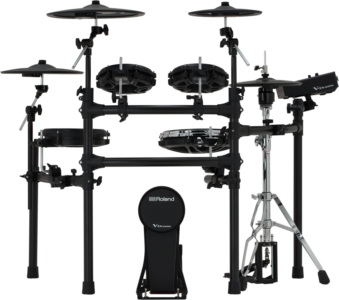 Roland TD513 electronic drum kit, front view with VH-10 hi-hat and cymbals