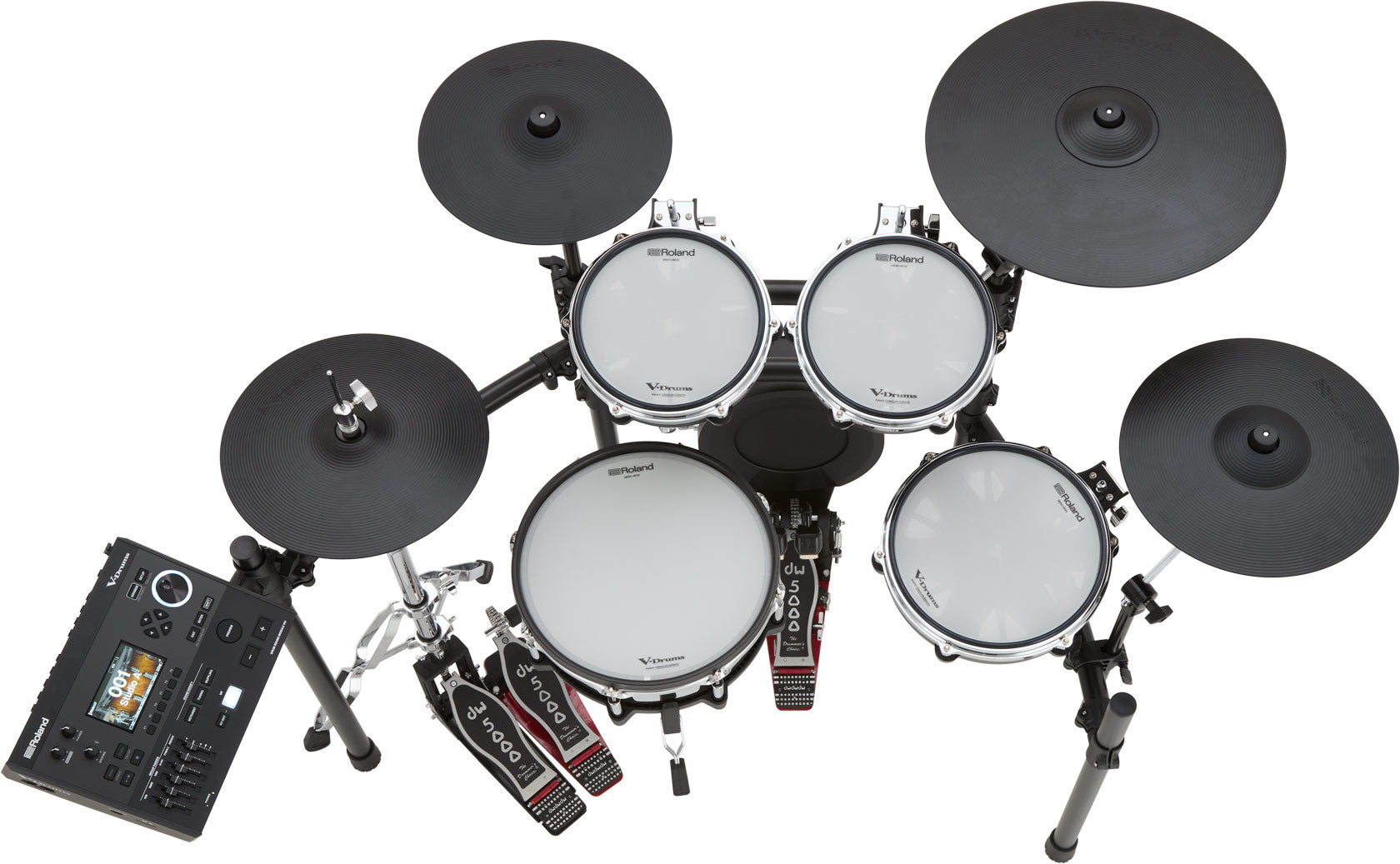 Roland TD516 electronic drum kit, top view of PD-140DS snare and chrome-hoop toms