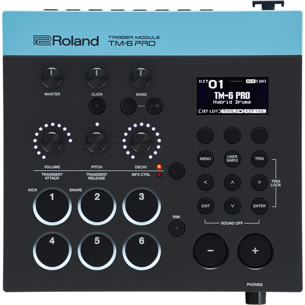 Roland TM-6 Pro hybrid trigger module, front panel with LCD and Sound Modify knobs