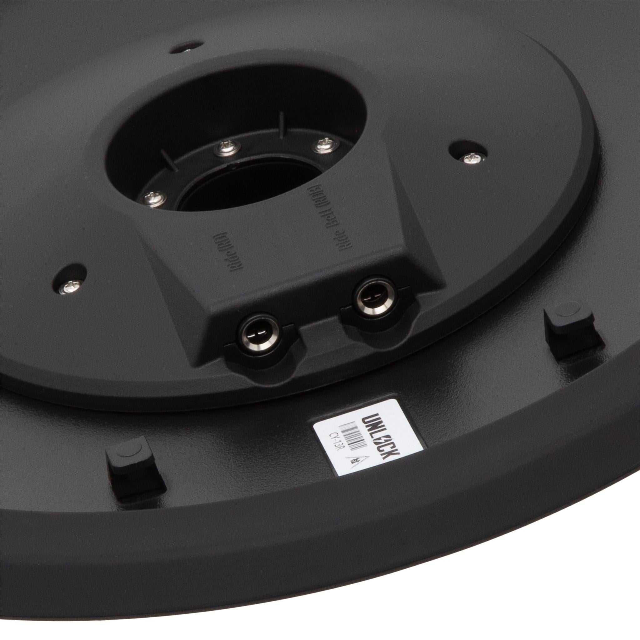 Bottom view of black Unlock Lightning 16 inch 3-zone crash ride cymbal black showing input jacks and connection ports by Unlock drums