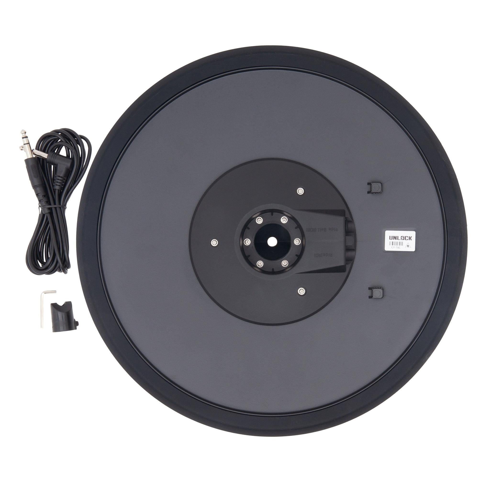 Unlock Lightning 16 inch 2-zone crash cymbal black with cable and mounting hardware by Unlock drums shown from above