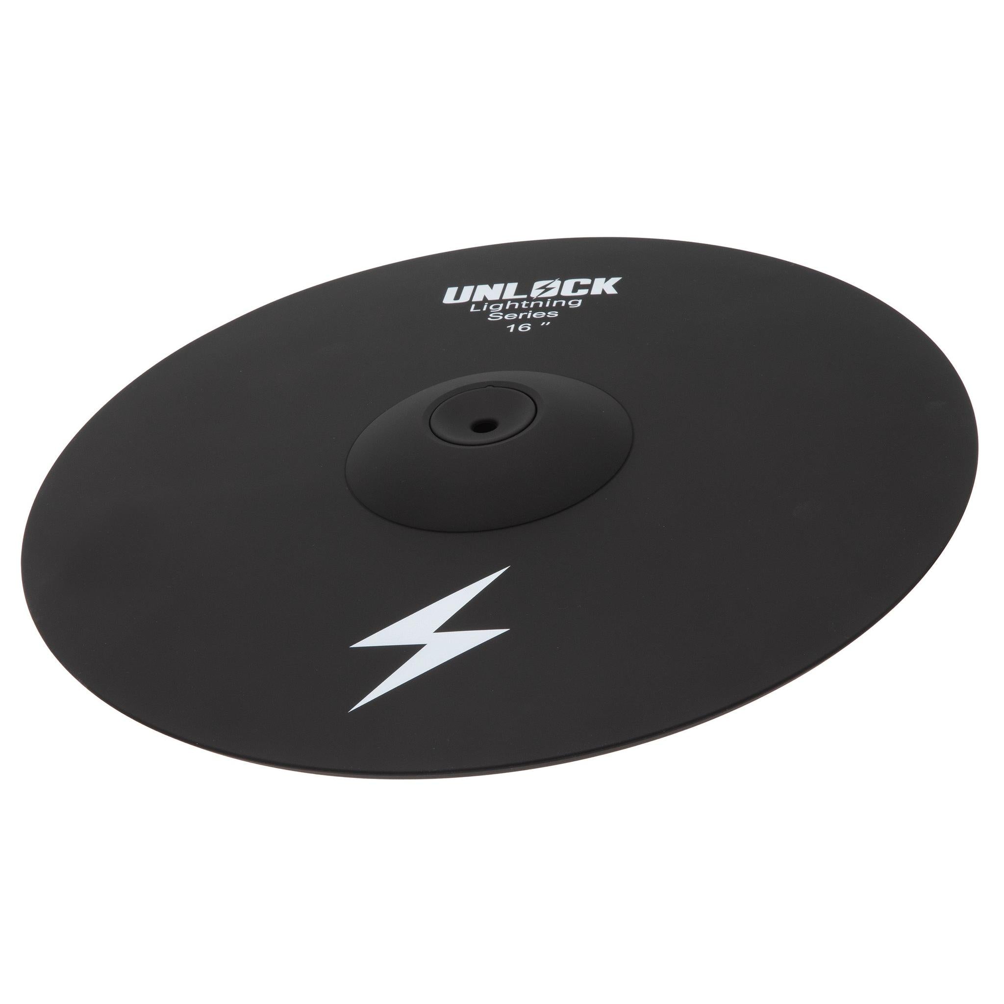 Unlock Lightning 16 inch 3-zone crash ride cymbal black by Unlock drums with a raised bell and lightning logo