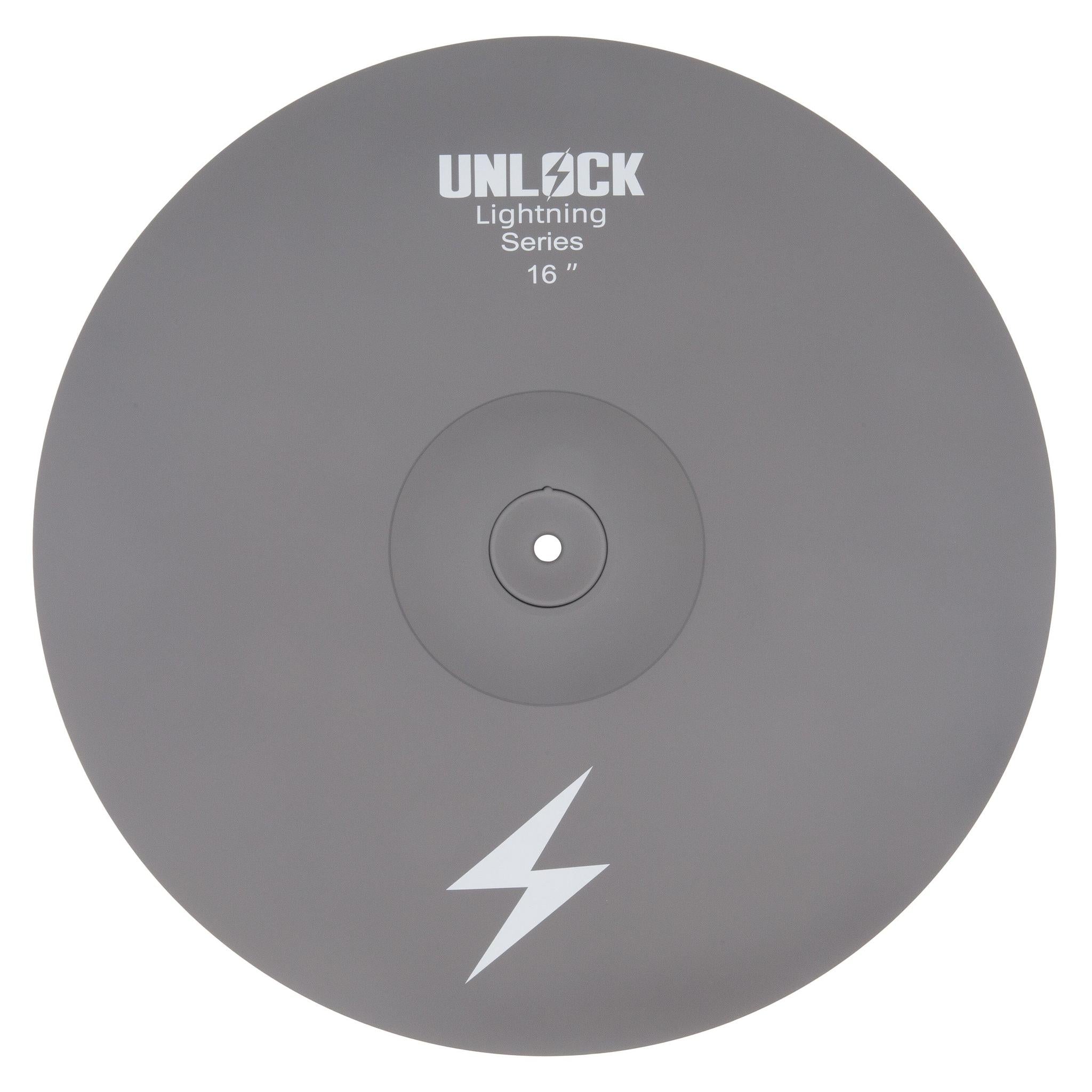 Unlock Lightning 16 inch 2-zone crash cymbal grey with a durable grey skin and lightning bolt design by Unlock drums
