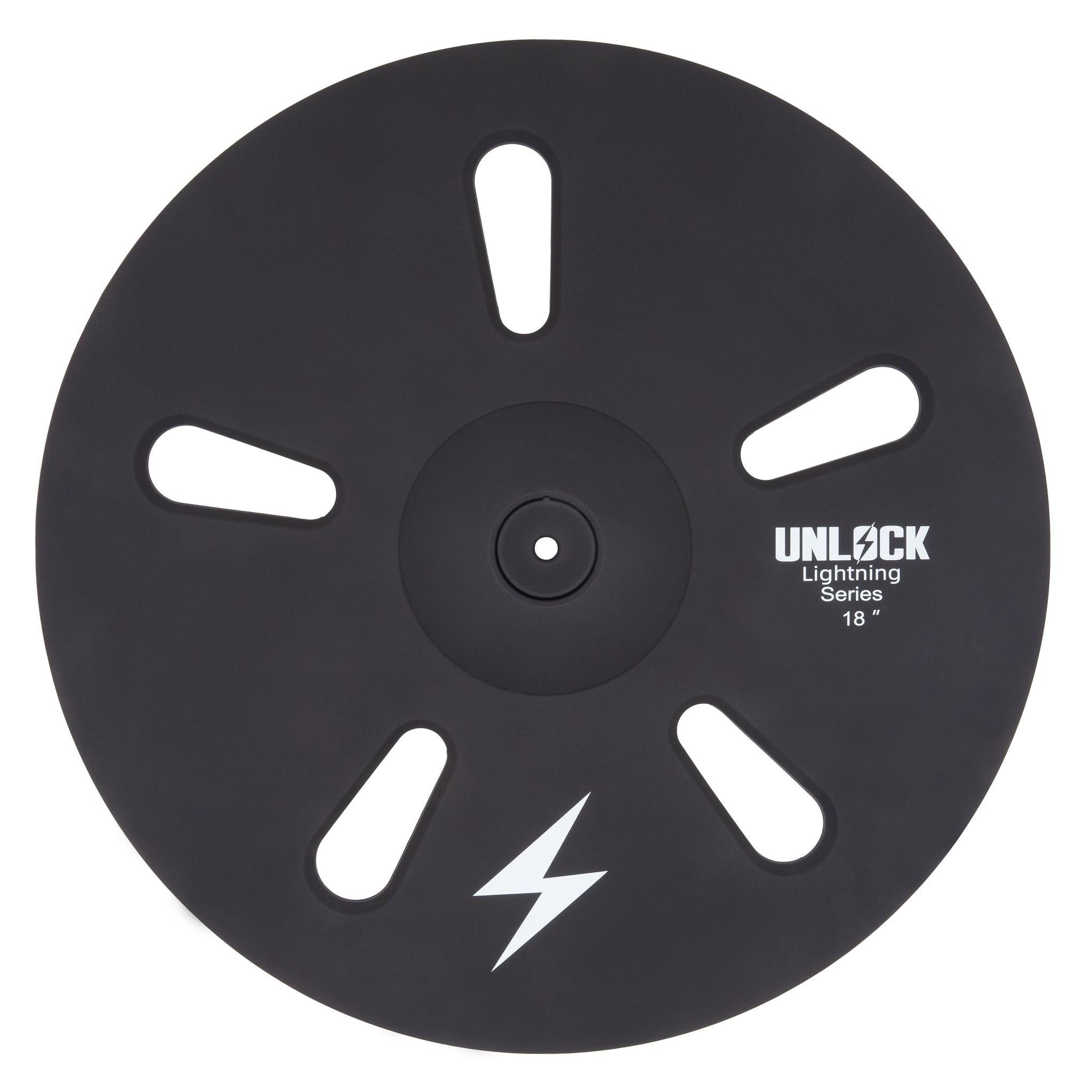 Unlock Lightning 18 inch 3-zone FX cymbal black showing matte black surface and five cutout zones by Unlock drums