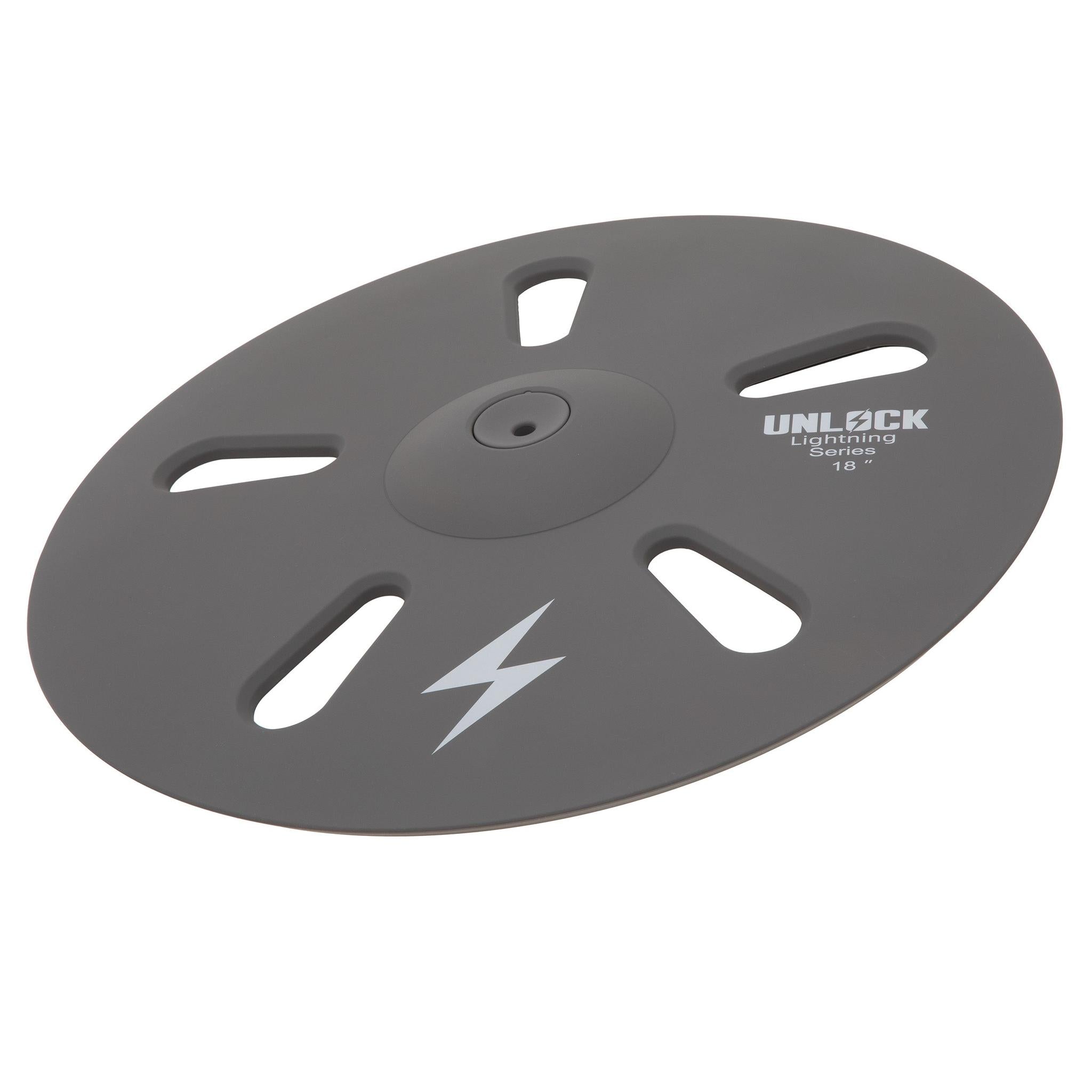 Unlock Lightning 18 inch 3-zone FX cymbal grey with cutouts and lightning bolt, designed by Unlock drums.
