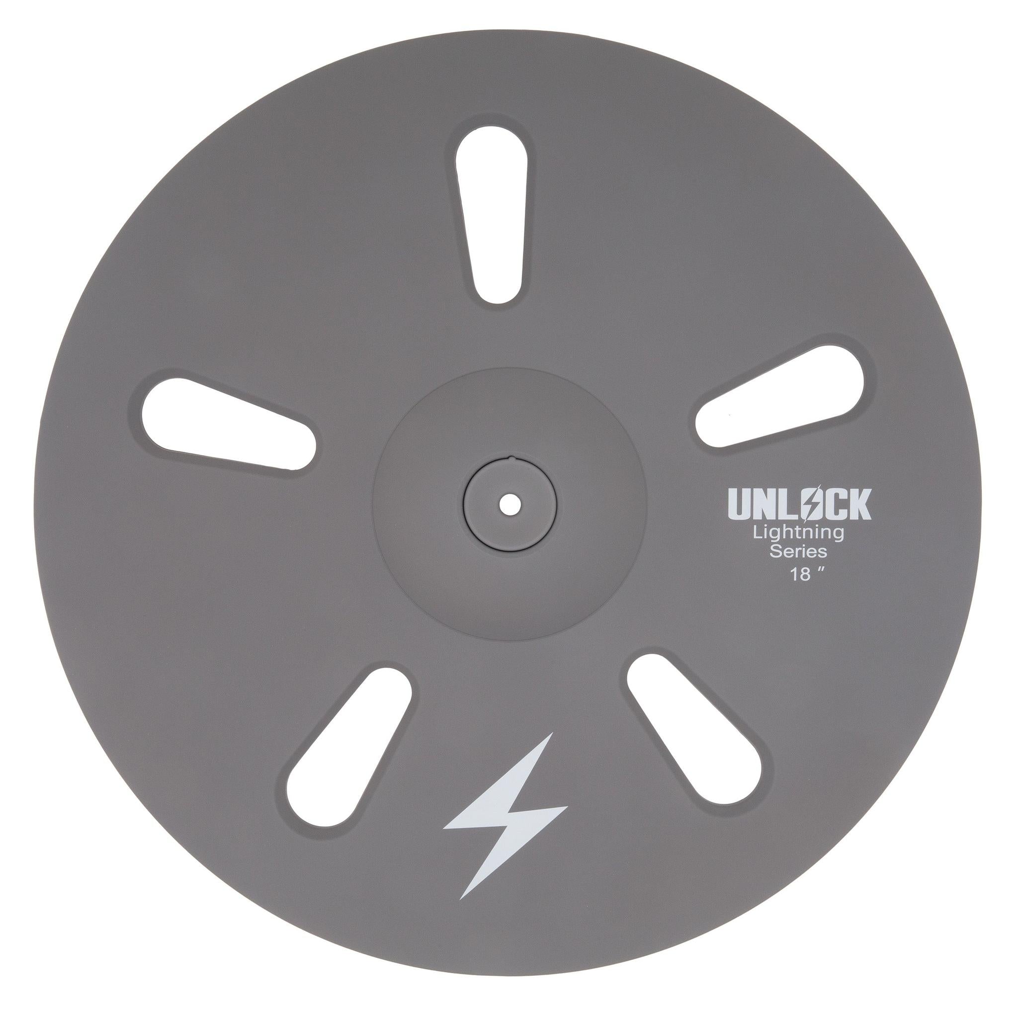 Unlock Lightning 18 inch 3-zone FX cymbal grey by Unlock drums with a unique 3-zone design and lightning logo detail.